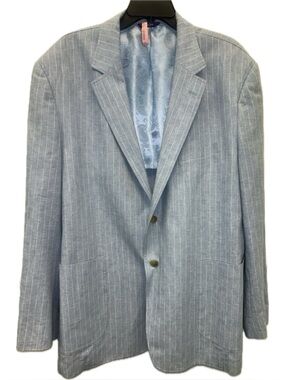 Alan Flusser Men’s Linen Cotton Blend Blue White Striped Preppy Sport Coat Sz XL